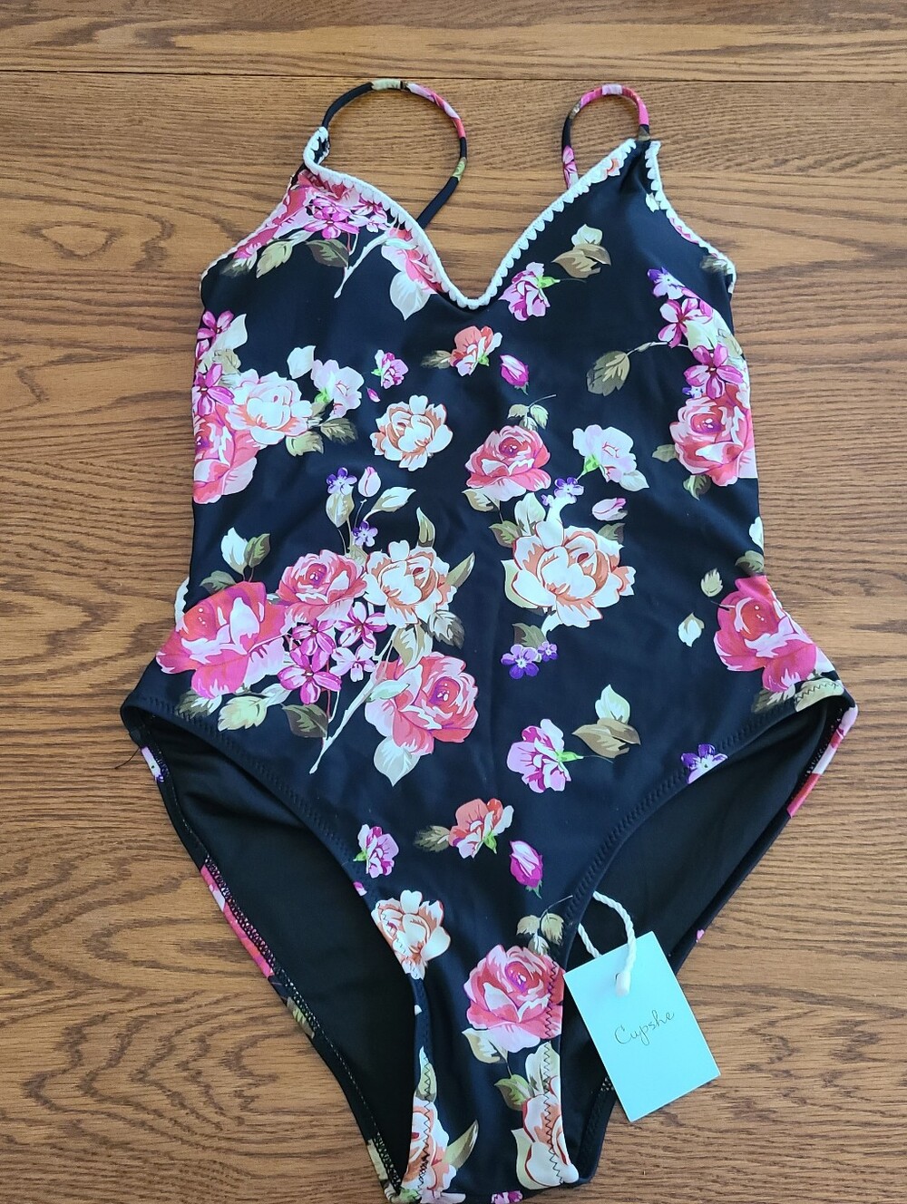 Cupshe Black Floral V-Neck Bathing Suit with Pink Roses